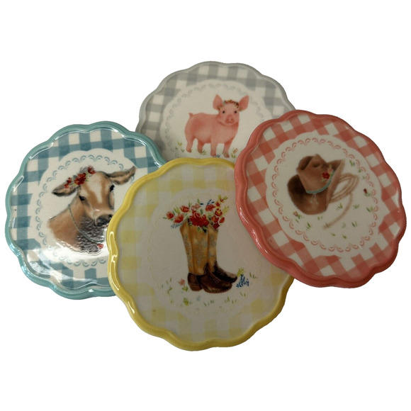 Pioneer Woman Stoneware Coasters Set of 4, Pig/Cowboy Hat/Cow/Boots Country/Farm - Picture 1 of 12